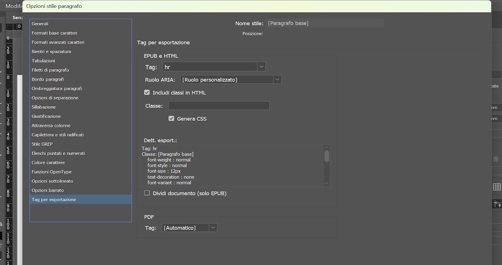 Finestra di dialogo options Stile paragrafo, che mostra la scheda Assegnazione tag esportazione con hr selezionato nel campo tag nella sezione EPUB e HTML.