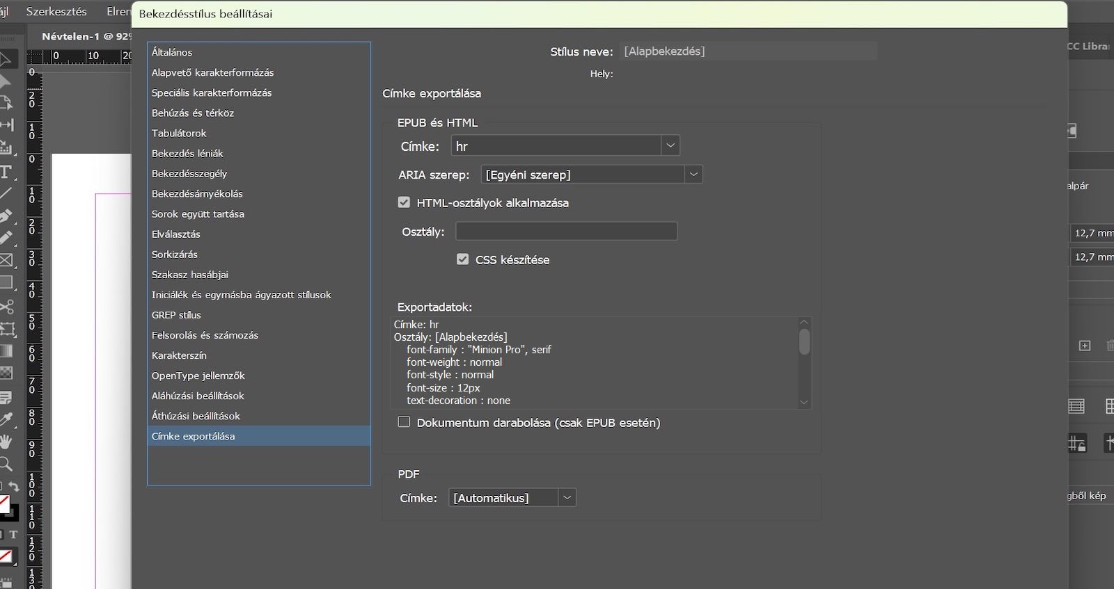 A Bekezdésstílus options párbeszédpanel, amely az Exportcímkézés lapot mutatja, ahol az hr van kiválasztva a Címke mezőben az EPUB és HTML szakasz alatt.