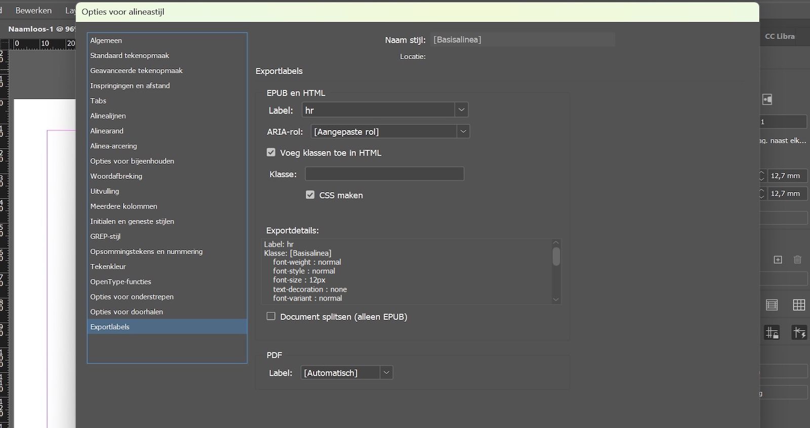Dialoogvenster Opties voor Alineastijl, met het tabblad Voorziening van tags voor exporteren waarin hr is geselecteerd in het tag-veld onder de sectie EPUB en HTML.