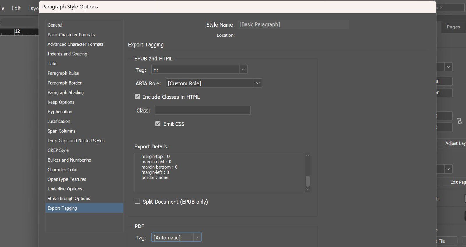 Paragraph Style Options dialog box, showing Export Tagging tab with hr selected in the Tag field under EPUB and HTML section.