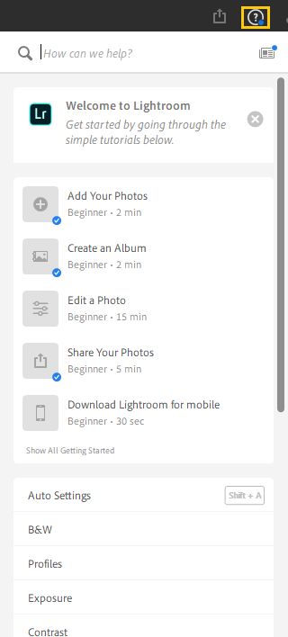 Kontekstuell hjelpemeny i Lightroom