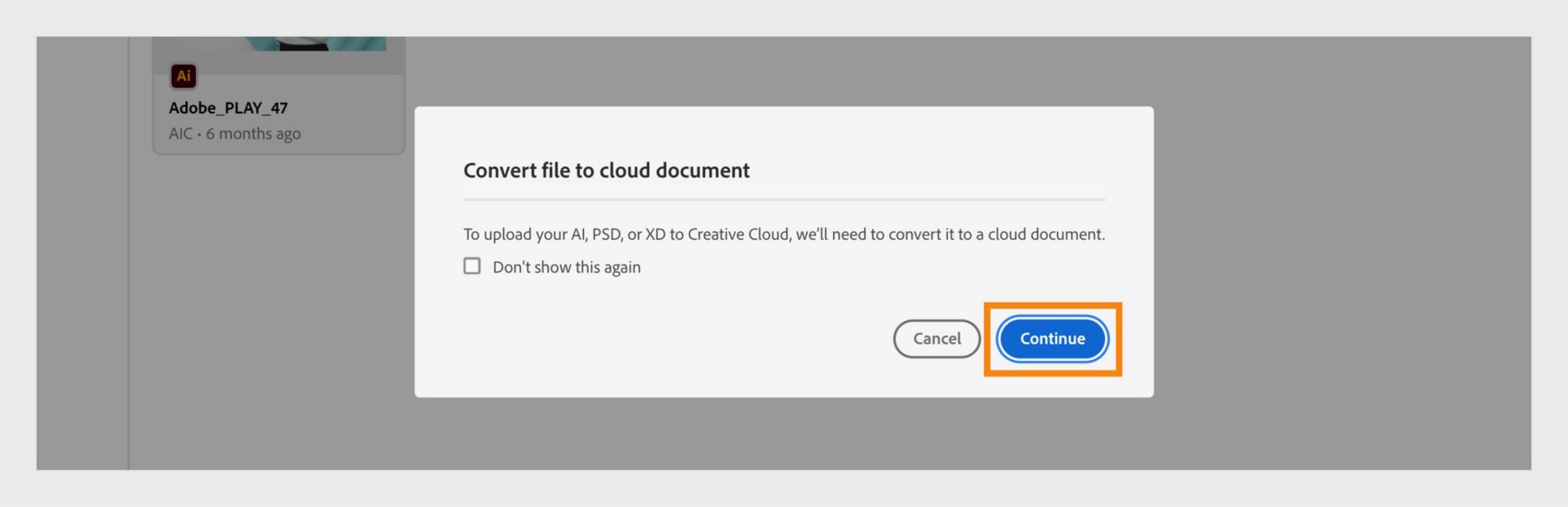 Caseta de dialog Convertire fișier în document cloud oferă opțiunea de a continua cu încărcarea fișierului. 
