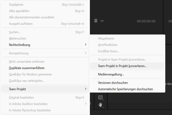 Verwenden Sie die Option „Team-Projekt“ im Menü „Bearbeiten“ aus, um ein beliebiges Premiere Pro-Projekt in ein Team-Projekt umzuwandeln.