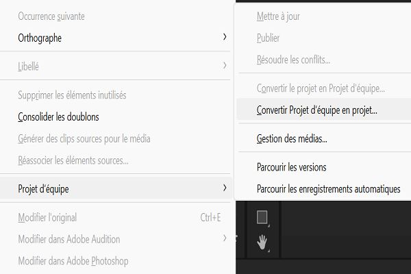 Utilisez l’option Projet d’équipe du menu Modifier pour convertir n’importe quel projet Premiere Pro en projet Team Projects.