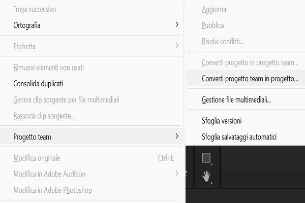 Utilizza l’opzione progetto team dal menu Modifica per convertire qualsiasi progetto Premiere Pro in Team Projects.