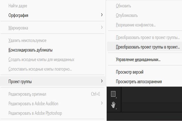 Используйте параметр «Проект группы» в меню «Правка», чтобы преобразовать любой проект Premiere Pro в проект группы.