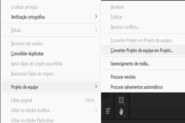 Use a opção Team Projects no menu Editar para converter qualquer projeto do Premiere Pro em um projeto de equipe.