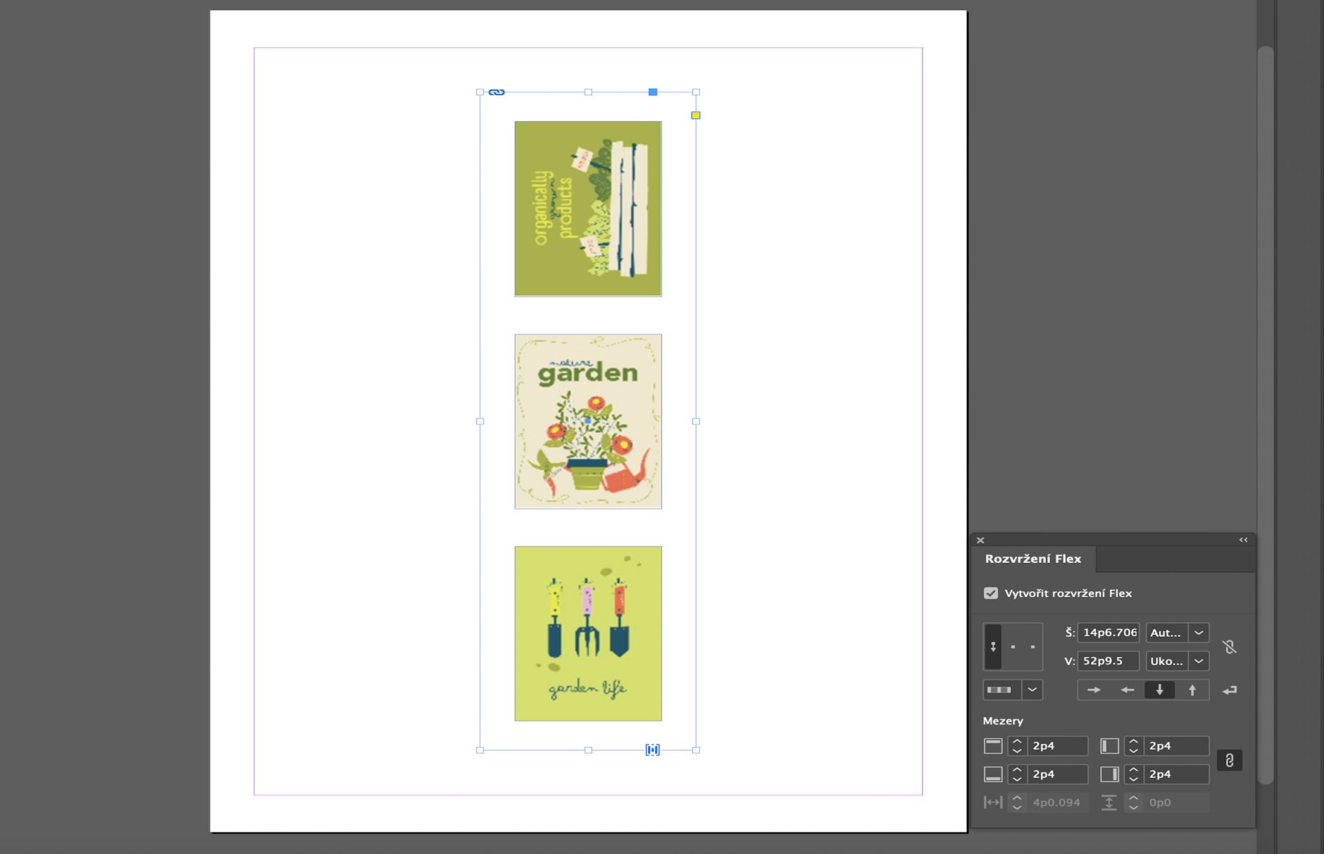 Tři obrázky jsou převedeny do kontejneru flex layoutu pomocí vlastností flex layoutu.