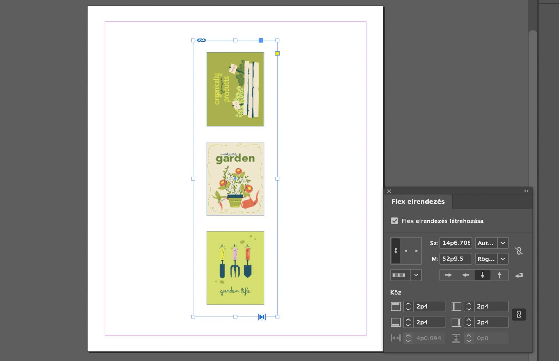 Három kép Flex elrendezésű tárolóvá alakítva a Flex elrendezési tulajdonságok használatával.