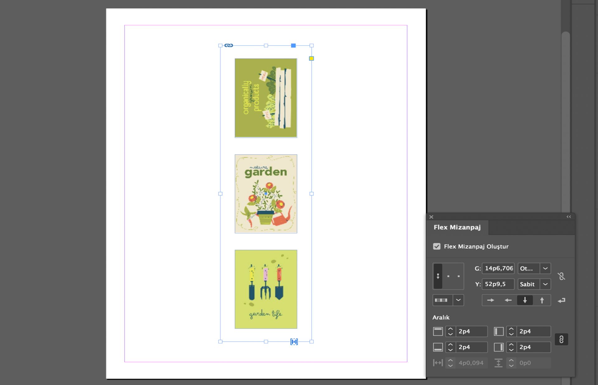 Üç görüntü, Flex Mizanpaj özellikleri kullanılarak bir Flex Mizanpaj kapsayıcısına dönüştürülür.