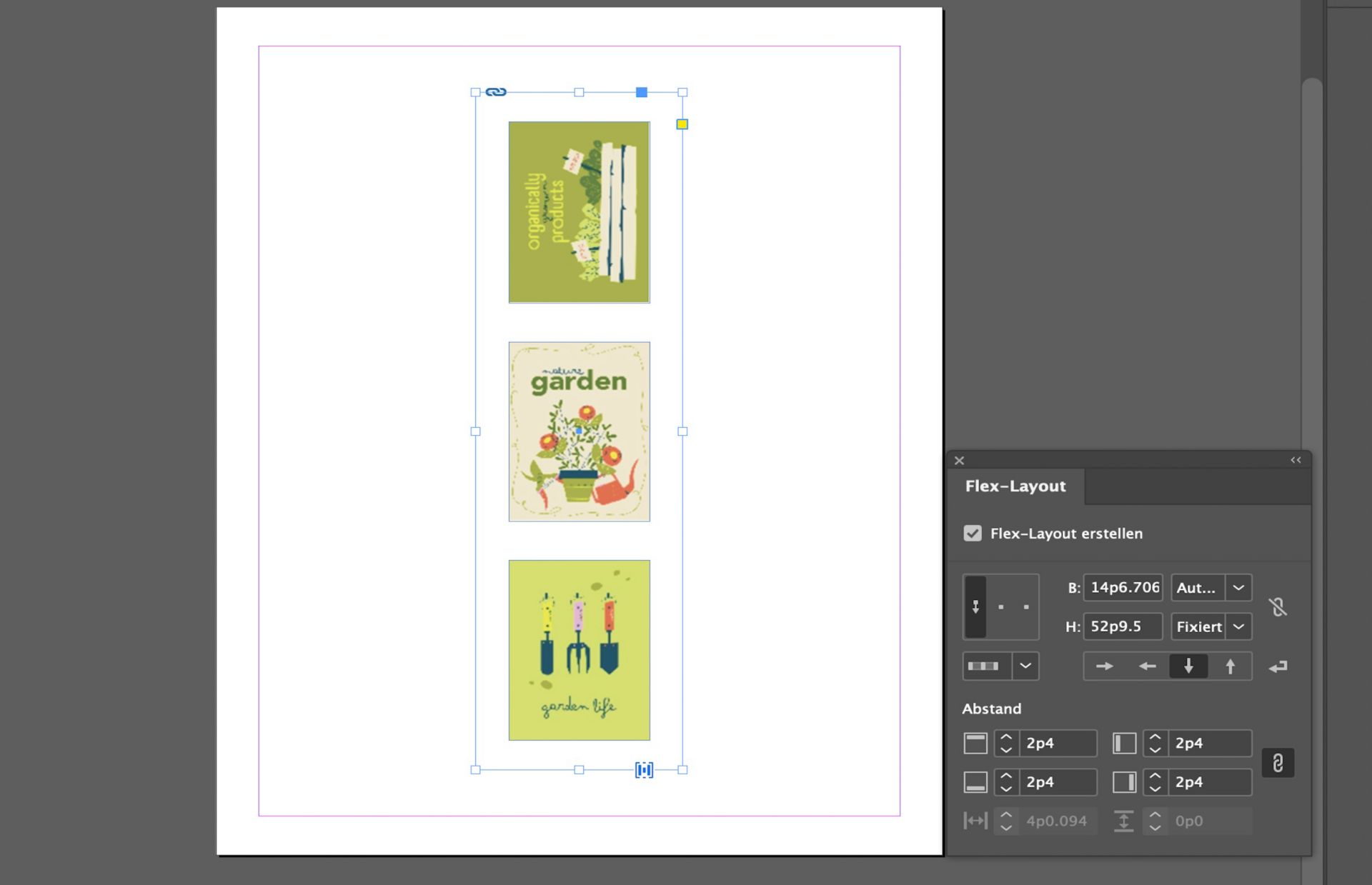 Drei Bilder werden mithilfe der Eigenschaften von Flex Layout in einen Flex Layout-Container konvertiert.