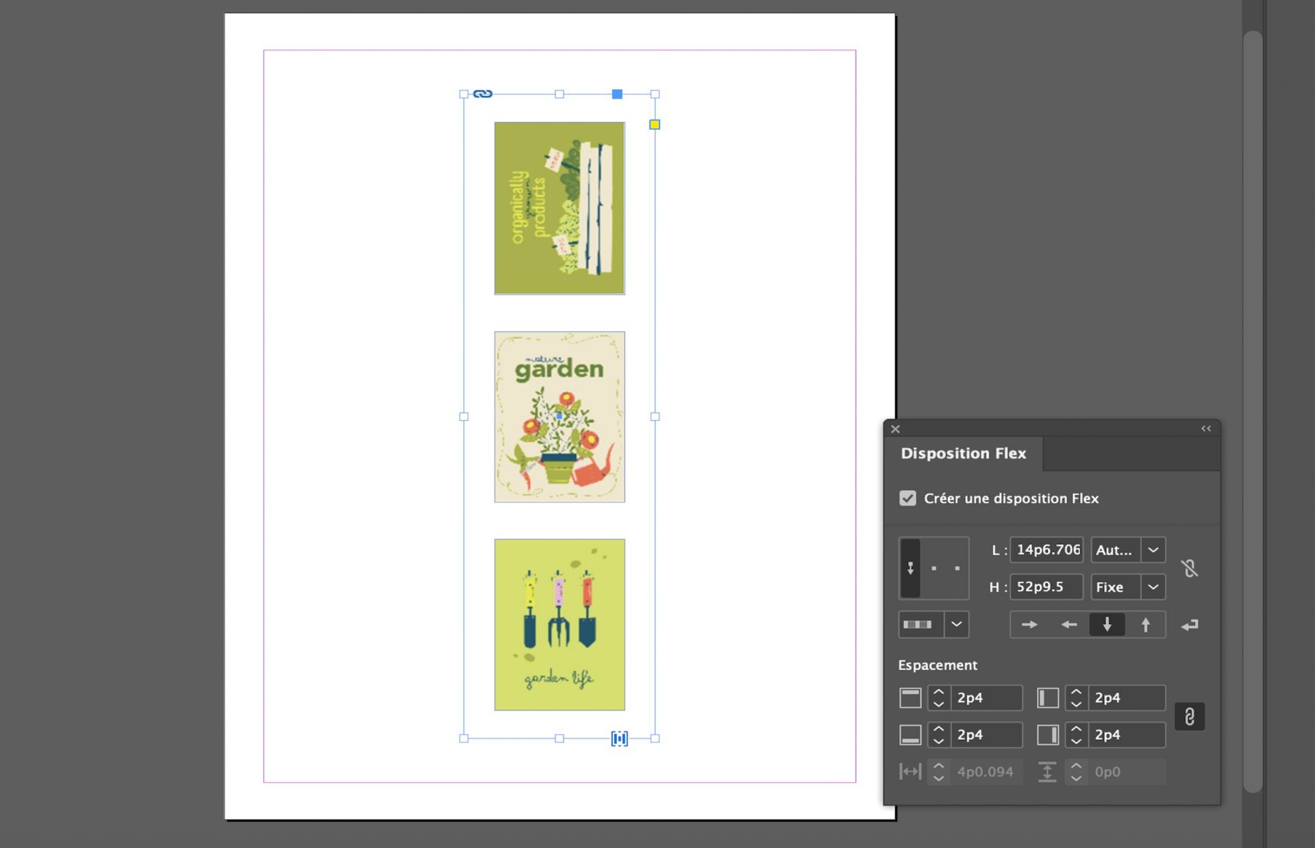 Trois images sont converties en conteneur Disposition Flex à l’aide des propriétés Disposition Flex.