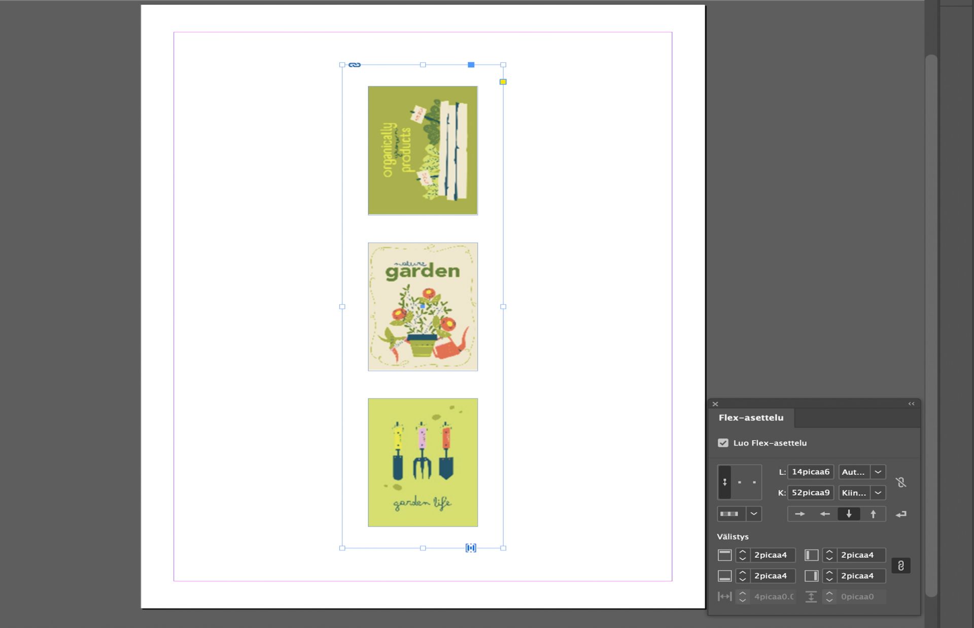 Kolme kuvaa muunnetaan Flex-asettelun säiliöksi käyttämällä Flex-asettelun asetuksia.