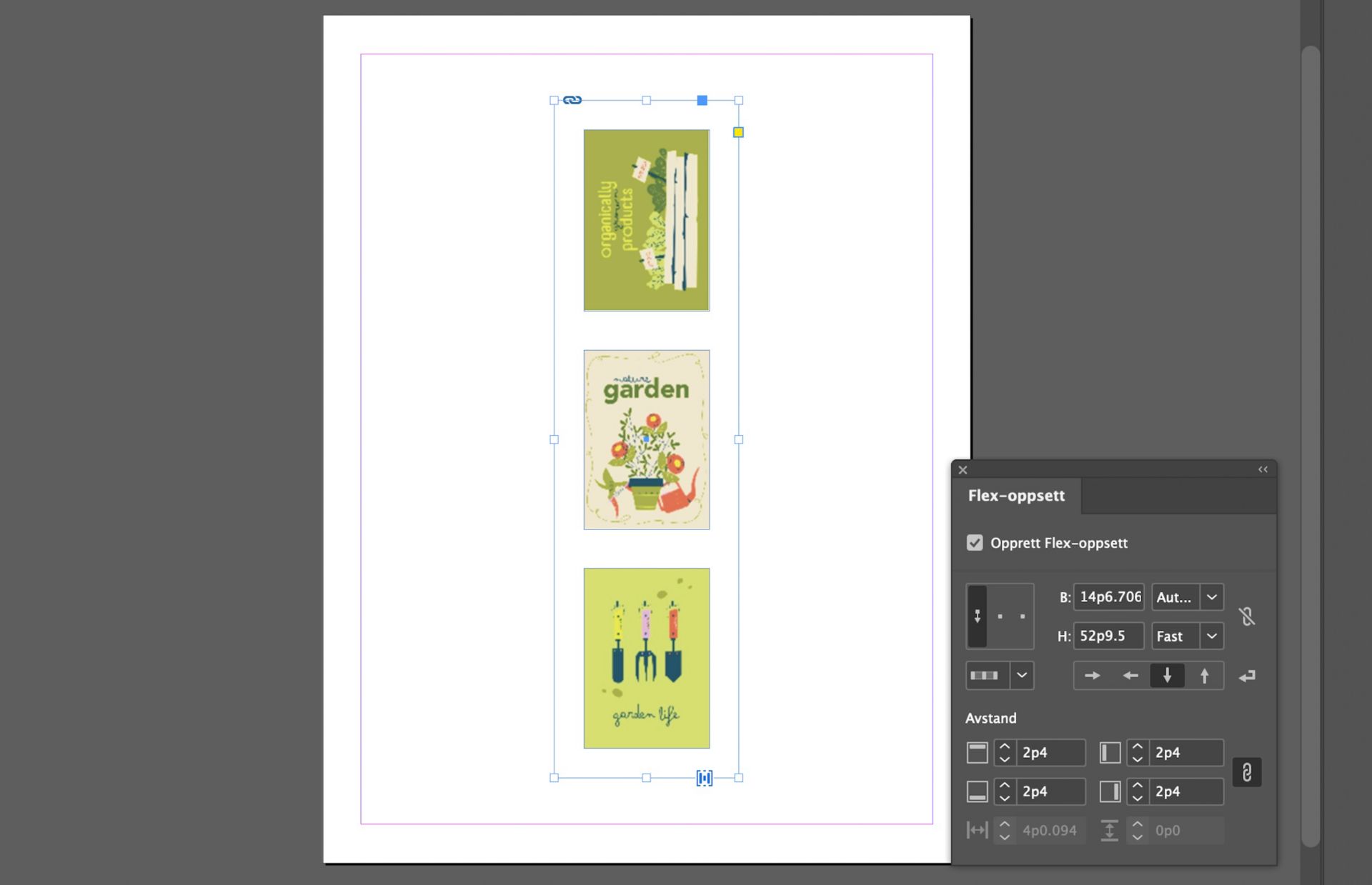 Tre bilder er konvertert til en flex-layout-beholder ved hjelp av flex-layout-egenskaper.