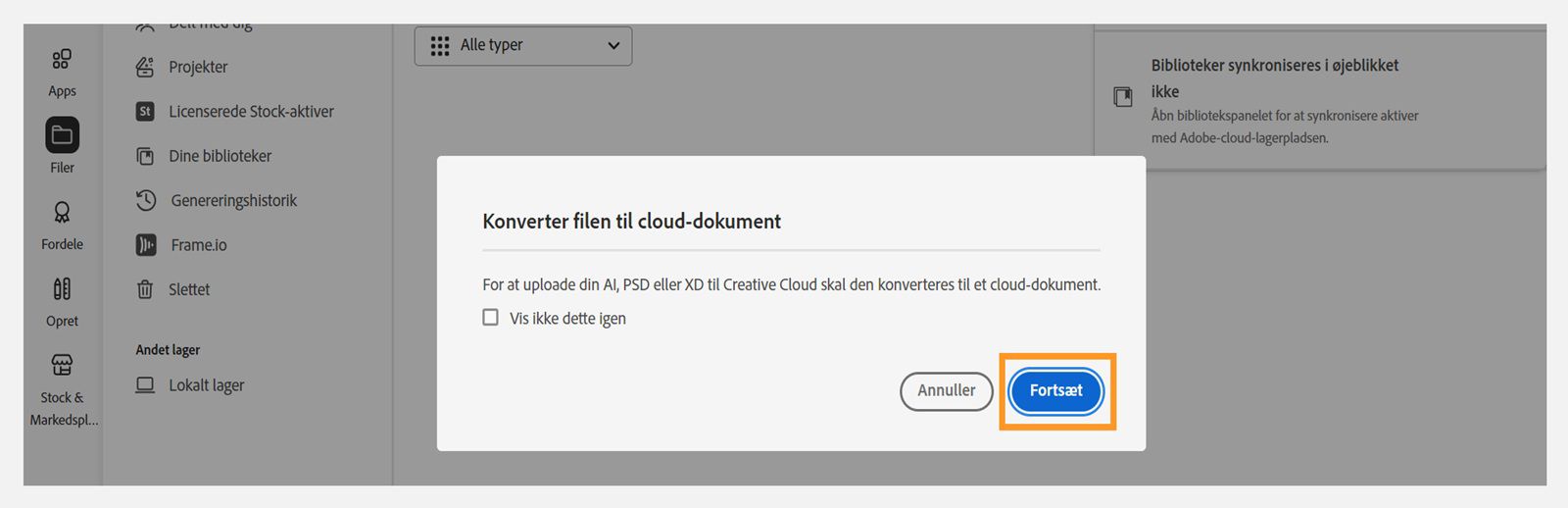 Du kan bruge dialogboksen Konvertér fil til cloud-dokument til at fortsætte med at uploade filer. 