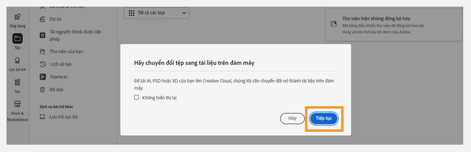 Hộp thoại Chuyển đổi tập tin thành tài liệu đám mây cung cấp tùy chọn để tiếp tục tải tập tin lên. 