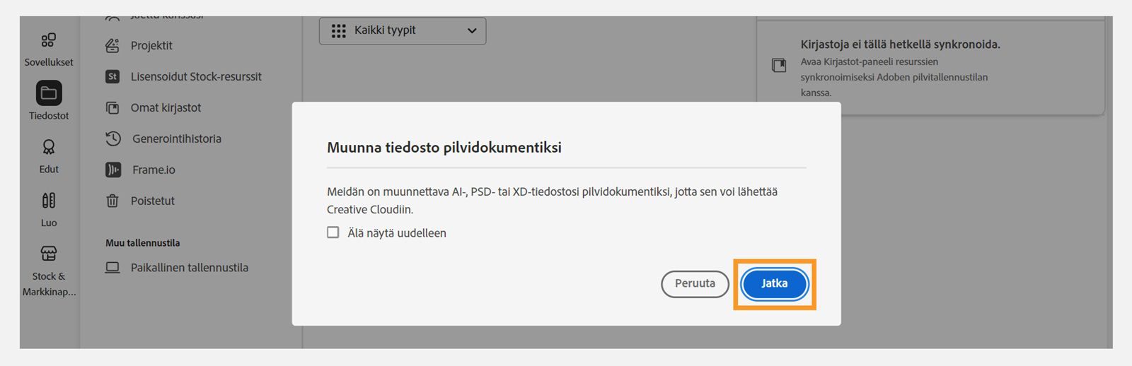 Muunna tiedosto pilvidokumentiksi -valintaikkunassa voit jatkaa tiedoston lähetystä. 