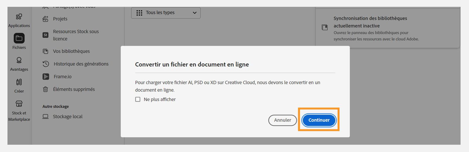 La boîte de dialogue Convertir le fichier en document en ligne propose une option pour continuer à charger le fichier. 