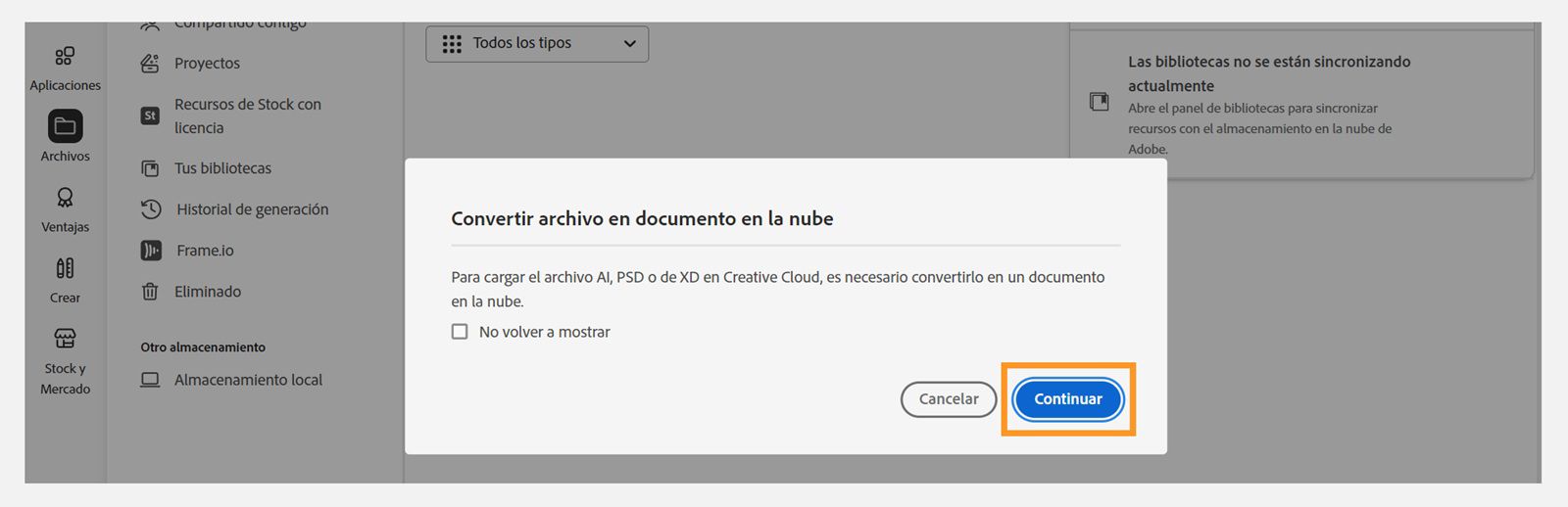 El cuadro de diálogo Convertir archivo a documento en la nube ofrece la opción de continuar con la carga del archivo. 