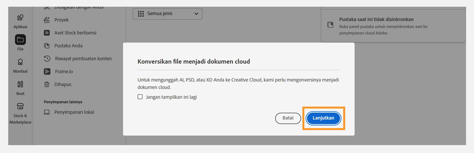 Kotak dialog Konversi file ke dokumen cloud menyediakan opsi untuk melanjutkan pengunggahan file. 