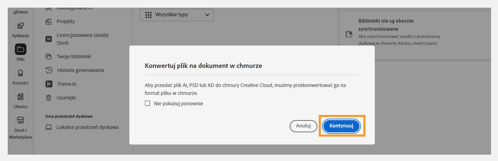 Okno dialogowe Konwertuj plik na dokument w chmurze daje możliwość kontynuowania przesyłania pliku. 