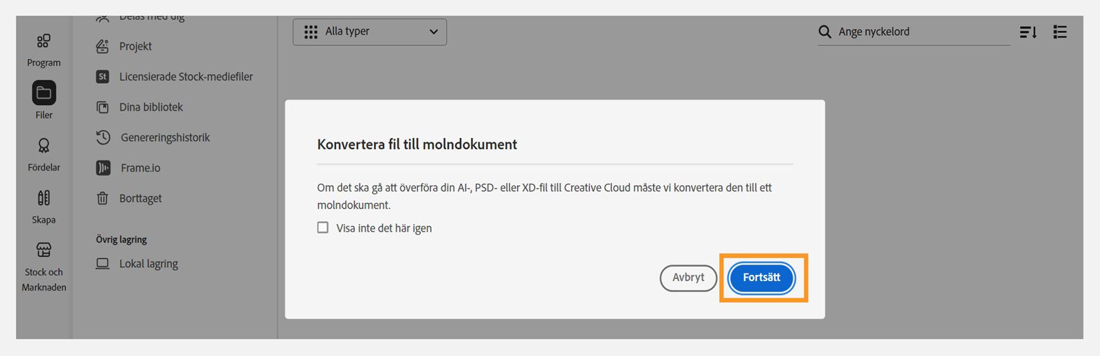 Dialogrutan Konvertera fil till molndokument ger möjlighet att fortsätta med filuppladdningen. 