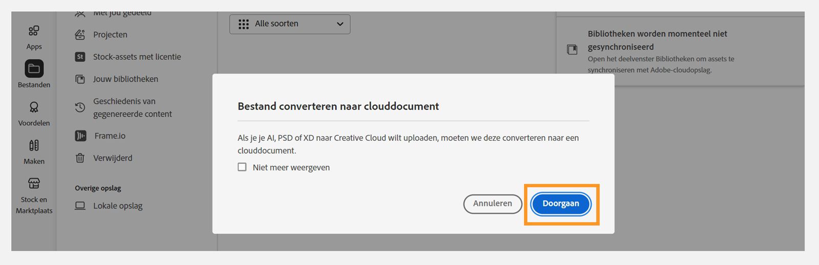 Het dialoogvenster Convert file to cloud document biedt de optie om door te gaan met het uploaden van het bestand. 