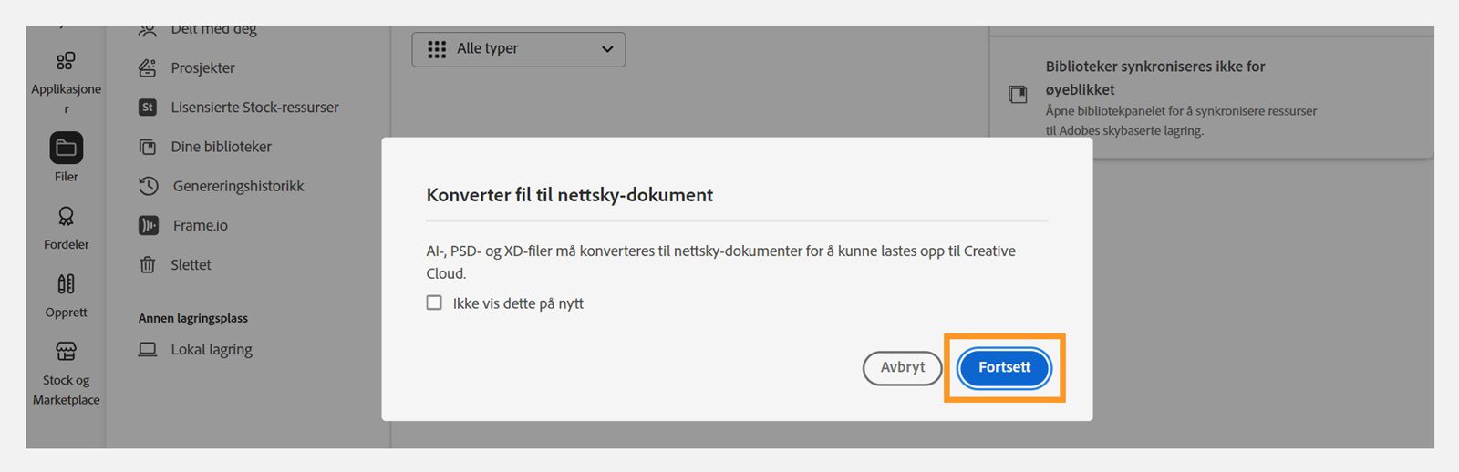 Dialogboksen Konverter fil til nettskydokument gir deg muligheten til å fortsette med filopplastingen. 