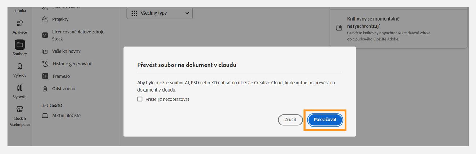 Dialogové okno Převést soubor na cloud dokument poskytuje možnost pokračovat v nahrávání souboru. 