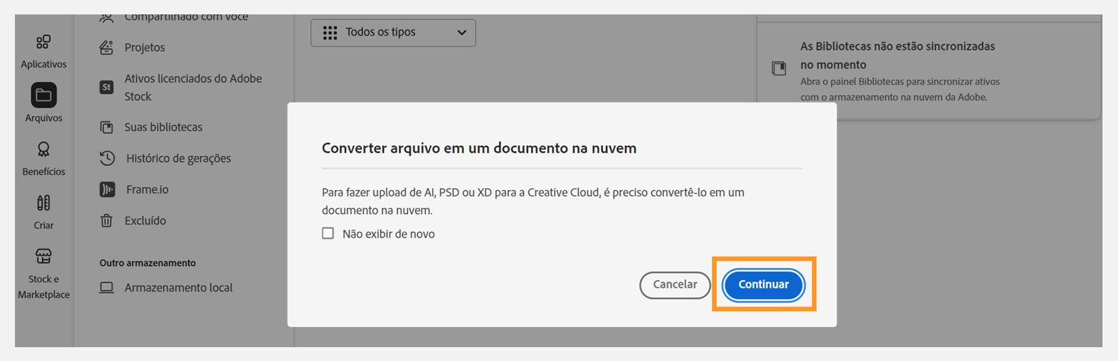 A caixa de diálogo Converter arquivo em documento na nuvem fornece a opção de continuar com o upload do arquivo. 