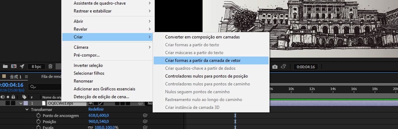 O menu Camada está aberto e, no menu Criar, a opção Criar formas da camada vetorial está selecionada.