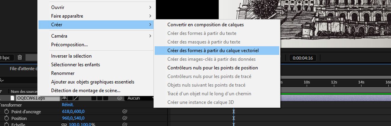 Le menu Calque est ouvert, et dans le menu Créer, l'option Créer des formes à partir du calque de vecteur est sélectionnée.