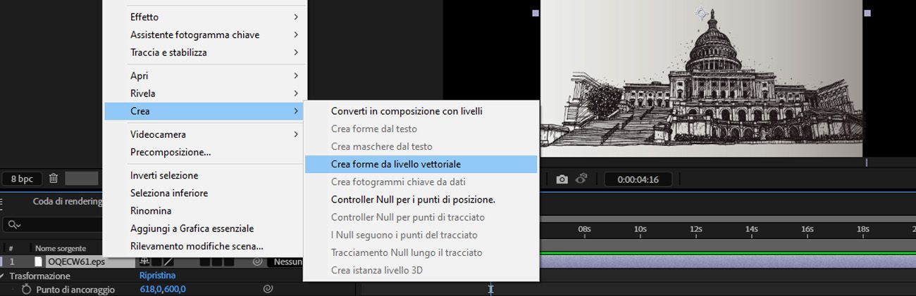 Il menu Livello è aperto e dal menu Crea è selezionato Crea forme da livello vettoriale.