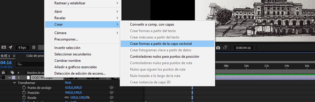 El menú Capa está abierto, y desde el menú Crear, está seleccionado Crear formas desde capa vectorial.