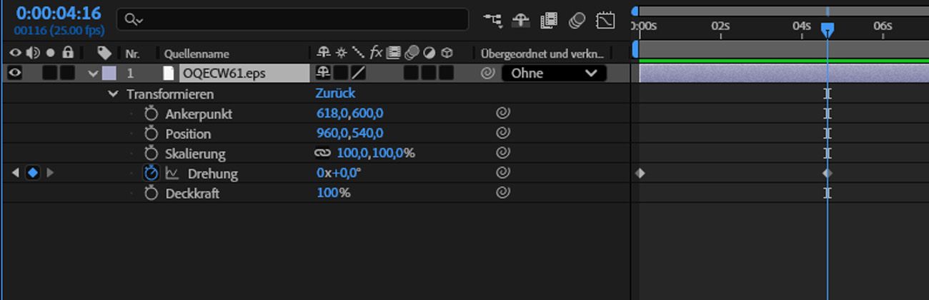 Die Ebeneneigenschaften sind geöffnet, und der Wert der Drehung-Eigenschaft wird im Timeline-Bedienfeld angepasst. 