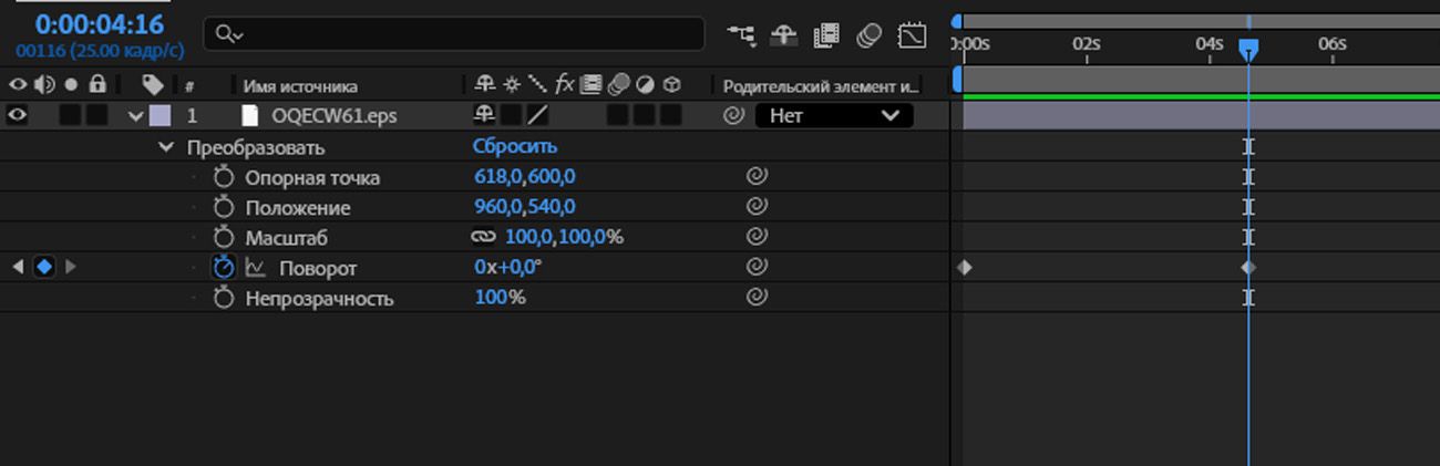 Открыты свойства слоя, и значение свойства «Поворот» настраивается на панели «Временная шкала». 