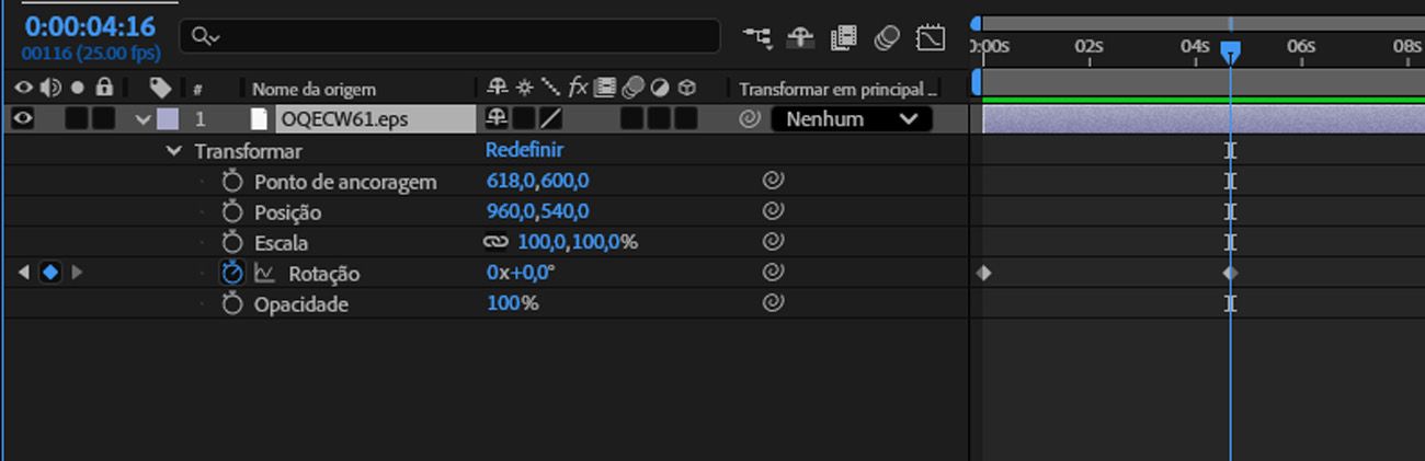 As propriedades da Camada estão abertas, e o Valor da propriedade Rotação é ajustado no painel Linha do tempo. 