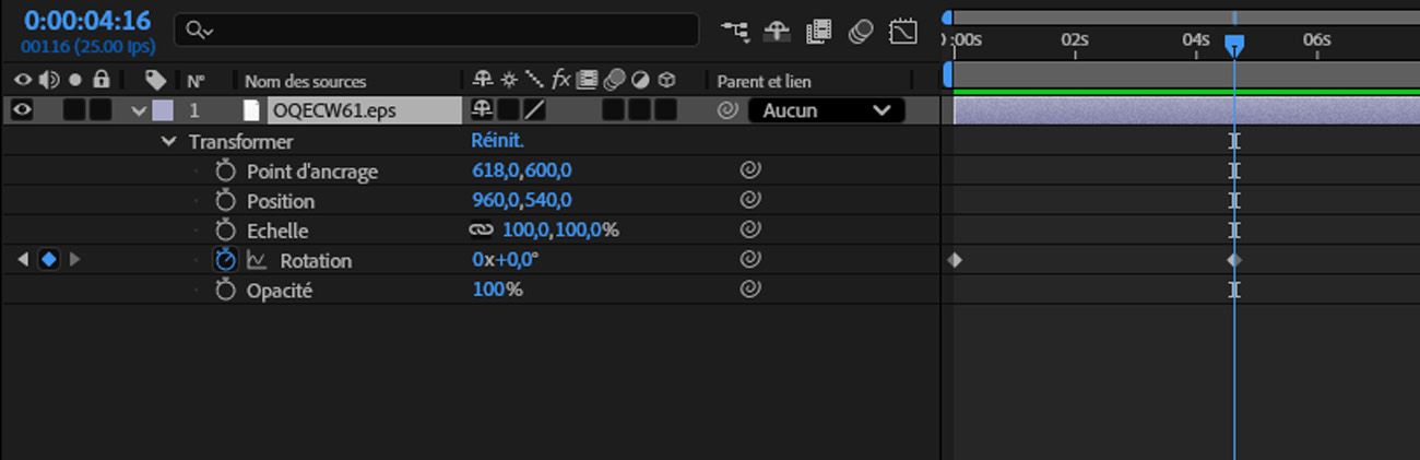 Les propriétés du calque sont ouvertes, et la Valeur de la propriété rotation est ajustée dans le panneau Montage. 