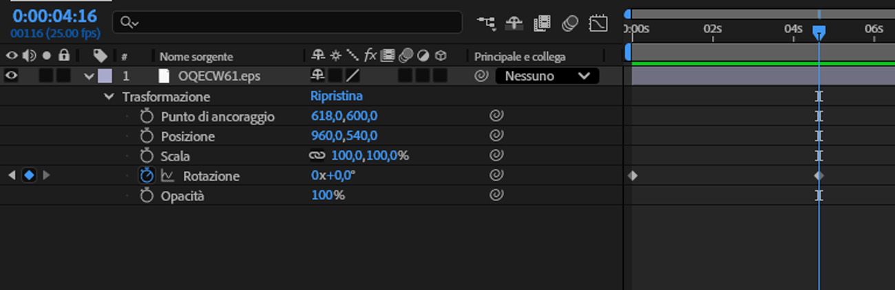 Le prop del livello sono aperte e il Valore della prop Rotation è regolato nel pannello timeline.