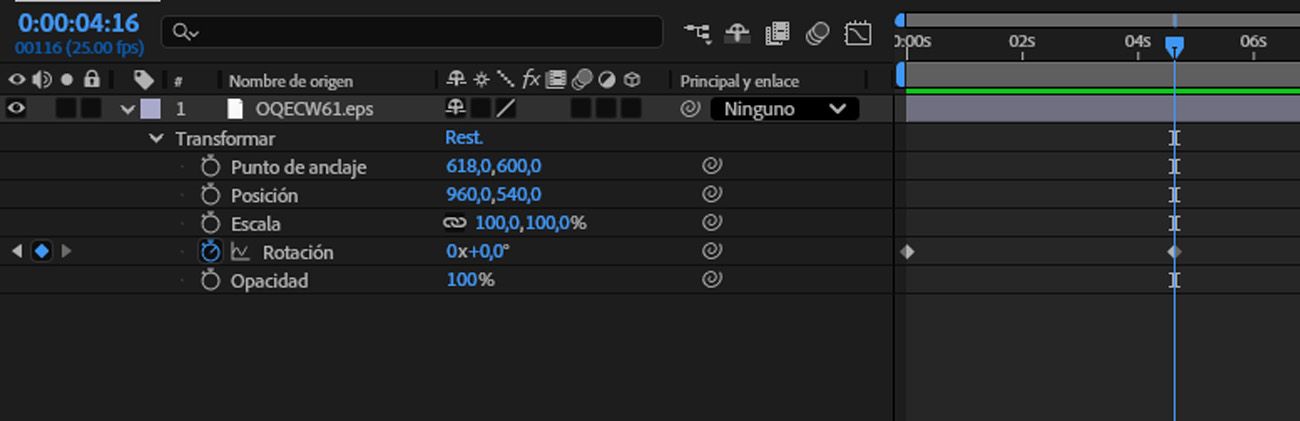 Las propiedades de capa están abiertas y el Valor de la Propiedad Rotation se ajusta en el panel Timeline.
