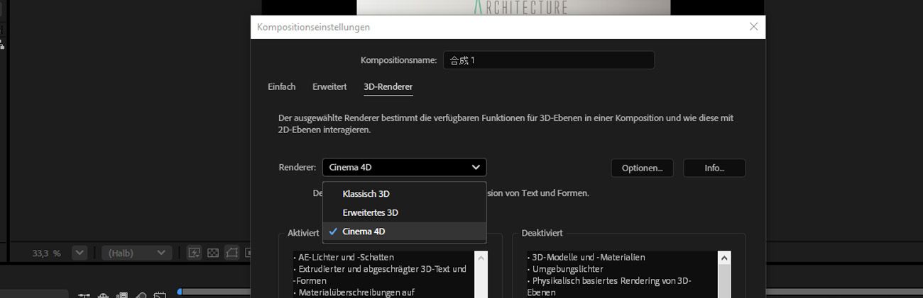 Die Kompositionseinstellungen sind geöffnet, und im 3D-Renderer-Tab ist der Renderer als cinema 4d ausgewählt. 
