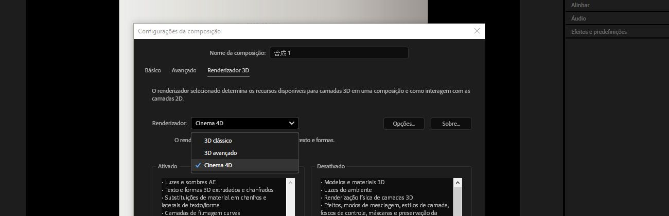As Configurações de composição estão abertas e, na guia Renderizador 3D, o renderizador está selecionado como Cinema 4D. 