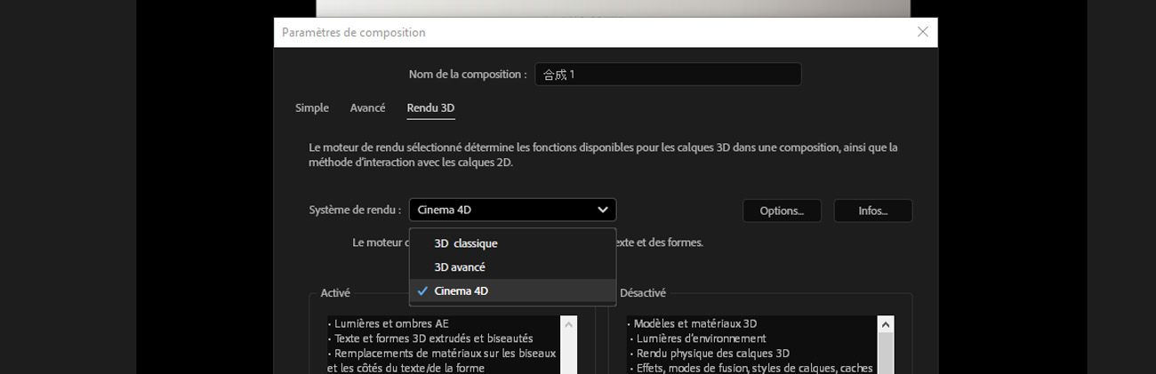 Les Paramètres de composition sont ouverts, et dans l'onglet Moteur de rendu 3D, le moteur de rendu est sélectionné comme Cinema 4D. 