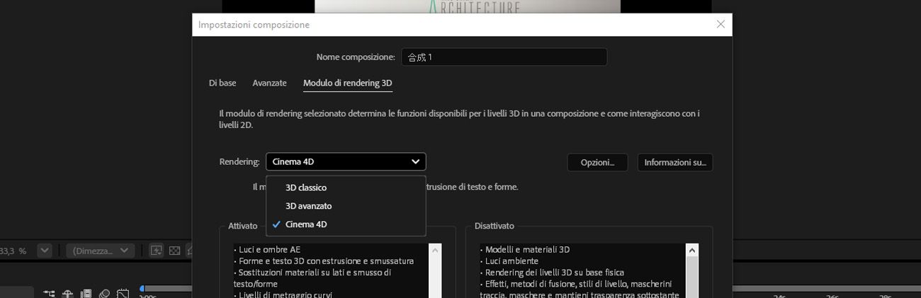 Le Impostazioni composizione sono aperte e nella scheda 3D Renderer, il renderer è selezionato come cinema 4d.