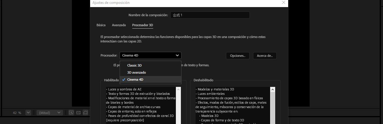 Composition Settings está abierto y en la pestaña 3D Renderer, el renderizador está seleccionado como cinema 4d.