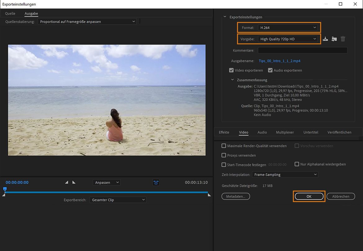 Wählen Sie das Format „H.264“ aus und schneiden Sie das Video zu oder wählen Sie eine Vorgabe mit niedrigerer Auflösung aus.