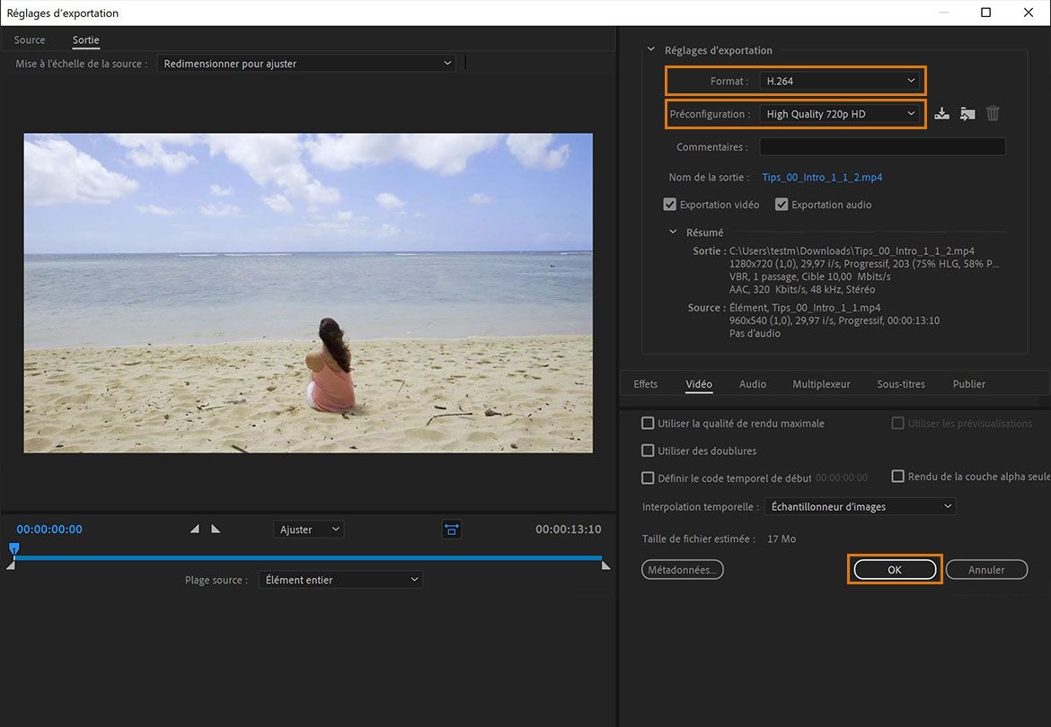 Sélectionnez le format H.264 et découpez la vidéo ou choisissez un préréglage de résolution inférieure