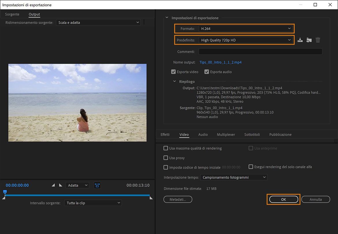 Seleziona il formato come H.264 e taglia il video o scegli un predefinito con risoluzione inferiore