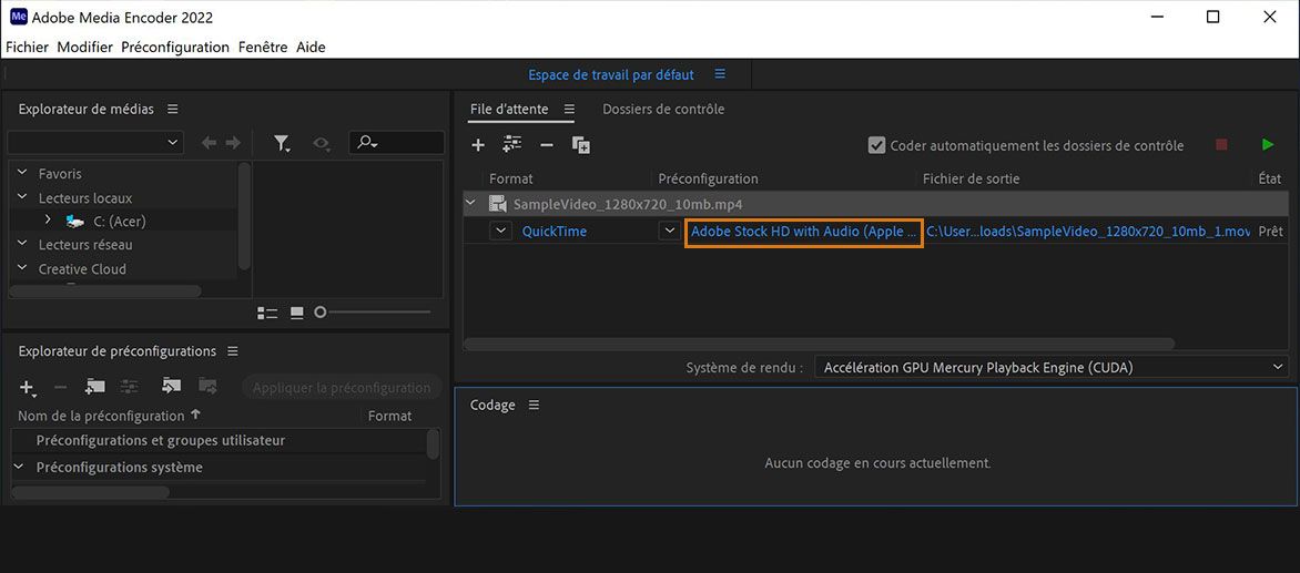 Cliquez sur le lien Préréglage de la vidéo