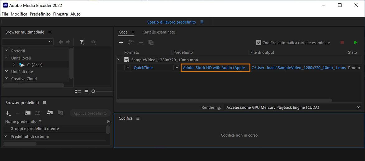 Fai clic sul collegamento Predefinito del video